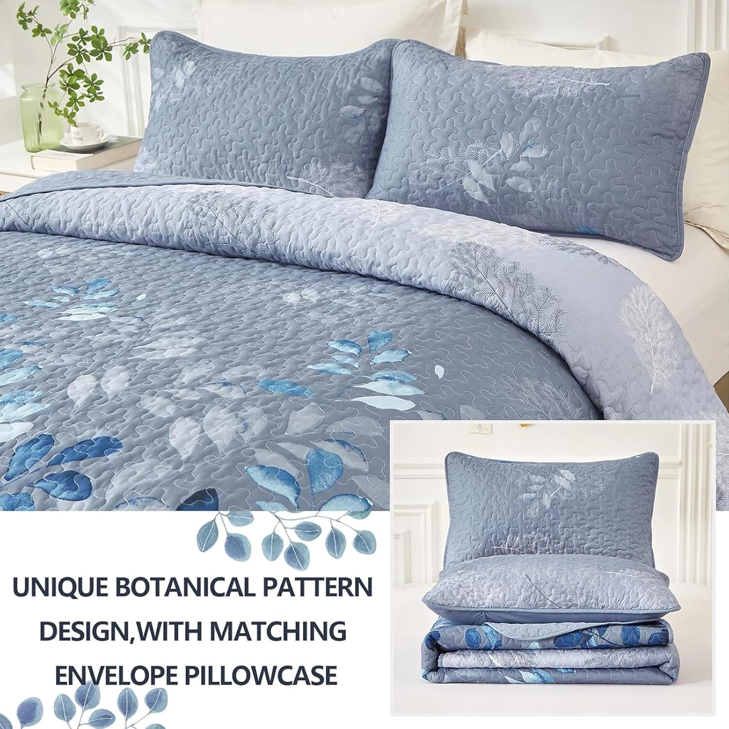 WONGS BEDDING Blue Quilt Set King Size,3 Pieces Navy Blue Floral Bedspread Coverlet Set with 2 Pillowcases,Soft Microfiber Lightweight Grayish Blue Gradient Floral Bedding Set 104"×90" - Image 5