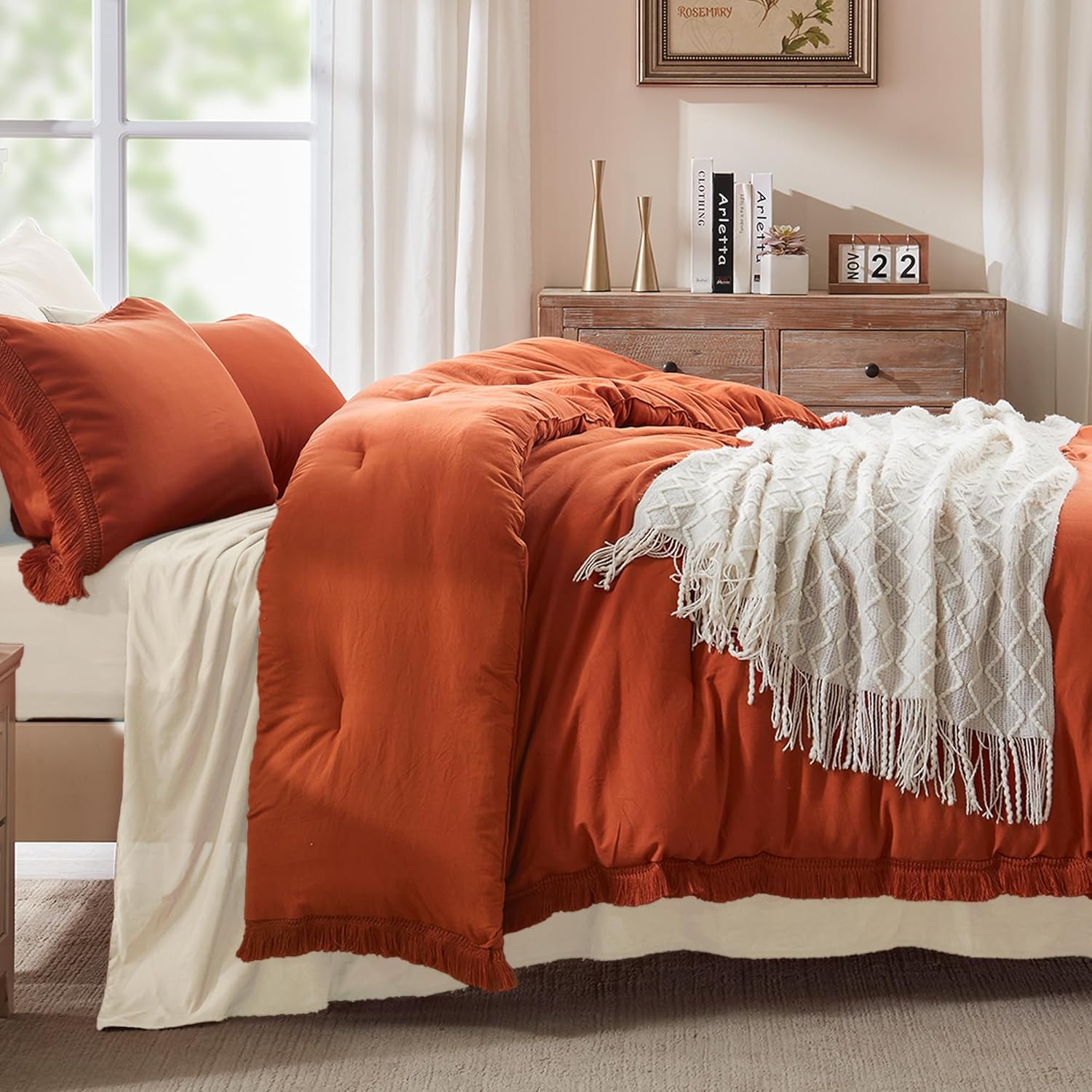 Andency King Size Comforter Set Burnt Orange, 3 Pieces Boho Terracotta Soft Lightweight Bedding Comforter Sets, Rust Tassel All Season Bed Set (104x90In Comforter & 2 Pillowcases) - Image 6
