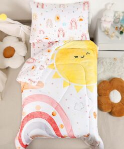 Toddler Bedding Set for Girls, 4 Piece Rainbow Toddler Girl Bedding Set, Super Soft & Lightweight Toddler Comforter Set Includes Comforter, Flat Sheet, Fitted Sheet, Pillowcase (Pink)
