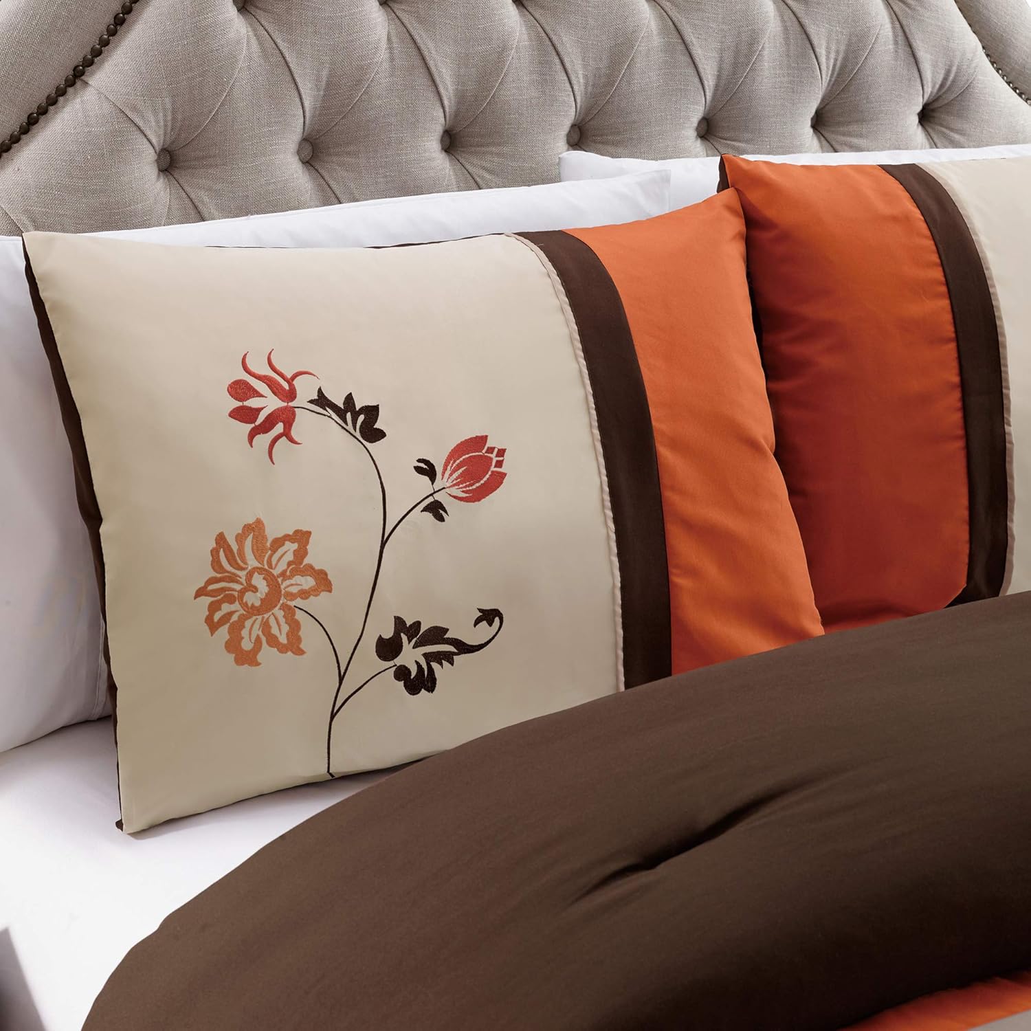 Chezmoi Collection Serene 7-Piece Luxury Autumn Floral Embroidery Comforter Set, Queen, Orange/Brown/Taupe - Image 2
