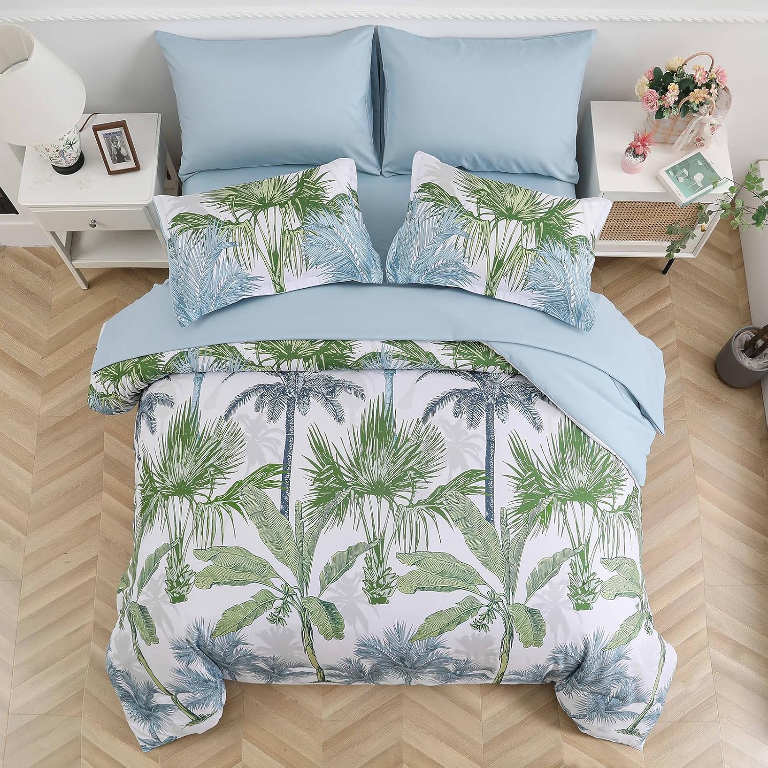 WONGS BEDDING Botanical Comforter Set Queen, 7 Pieces Blue Palm Tree Bed in a Bag, Reversiable Soft Microfiber Coastal Beach Bedding with Comforter, Flat Sheet, Fitted Sheet, Pillow Shams Pillowcases - Image 3
