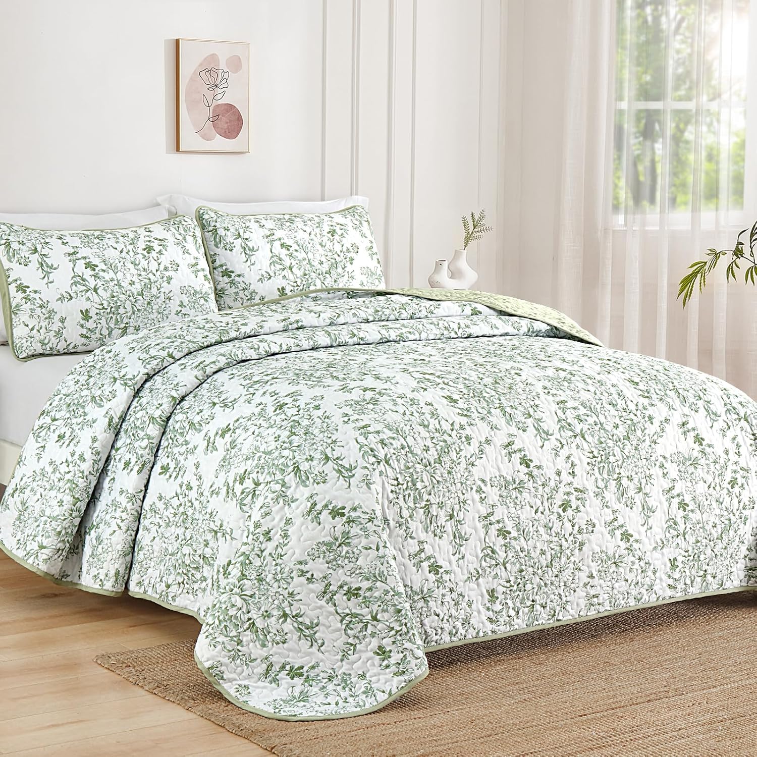 WONGS BDEEING Quilt Queen Size, Sage Green Quilt Bedding Set with 2 Pillowcases, Botanical Quilt for Queen Bed, Soft Microfiber Lightweight Coverlet Bedspread for All Season (96"×90", 3 Pieces) - Image 2