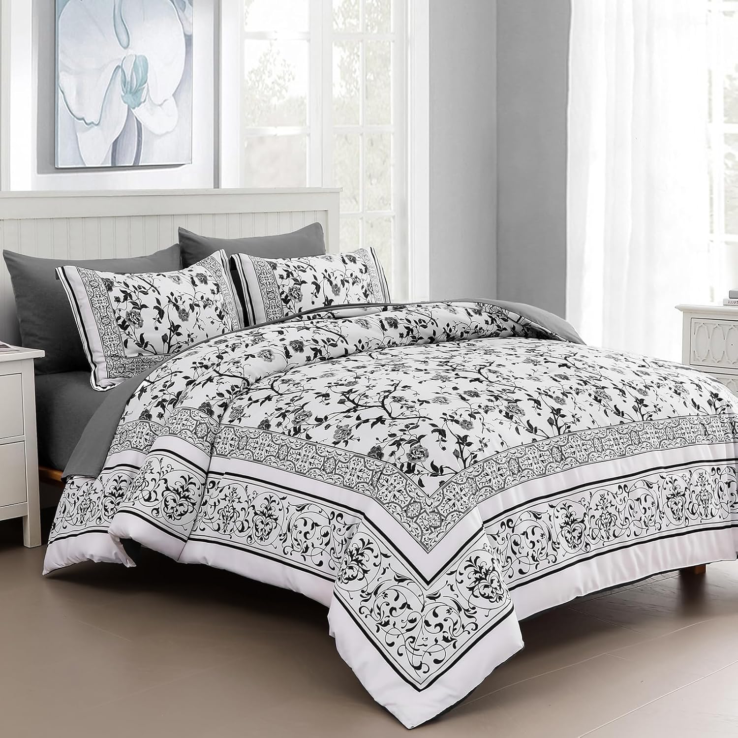 Dobuyly Floral Queen Comforter Set, 7 Piece Bed in a Bag Queen Size Blue Flowers on White Botanical Bedding Set, Soft Microfiber Bedding Comforter Sets with Sheets for All Season - Image 11