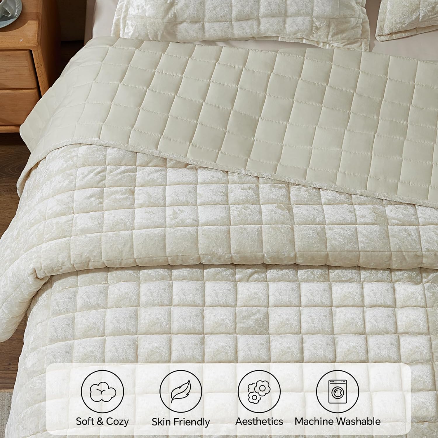BEDELITE Velvet Quilt Set King Size - Luxury Velvet Comforter Bedding Set 3 Pieces, Soft Cozy Cream White Oversized Bedspread Coverlet for All Seasons with 2 Pillow Shams - Image 4