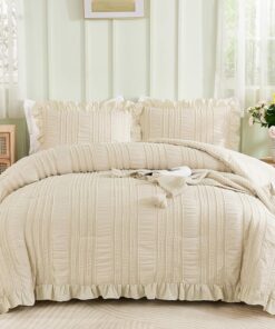 WONGS BEDDING Beige Ruffle Queen Comforter,Boho Shabby Chic Bedding for Queen Bed,Soft Seersucker Farmhouse Bedding Set with 1 Ruffled Comforter,2 Tufted Pillowcases 90"×90"