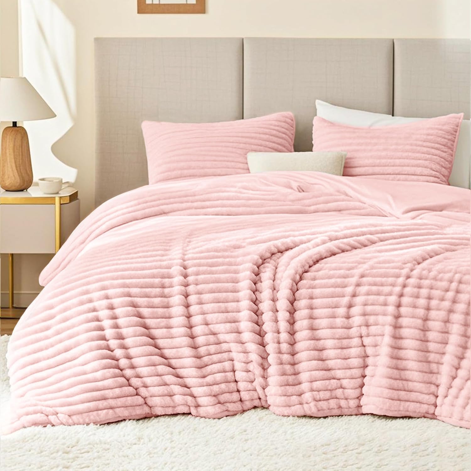 EXQ Home Fluffy Comforter Set Queen Size - Super Soft Faux Fur Stripe Jacquard Comforter 3 Pieces, Black Fleece Bedding Set,Winter Warm Bed Set,1 Comforter with 2 Pillowcases - Image 9