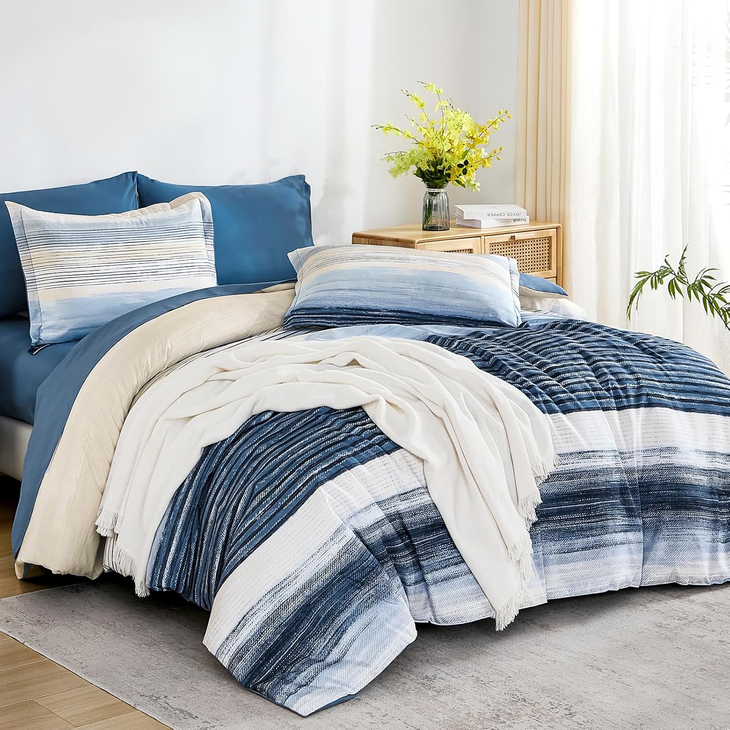 WONGS BEDDING Blue Comforter Set King Size, 7 Pieces King Bed in a Bag for All Season, Soft and Breathable Striped Bedding Set with Boho Comforter, Flat Sheet, Fitted Sheet, Pillowcases & Shams - Image 4