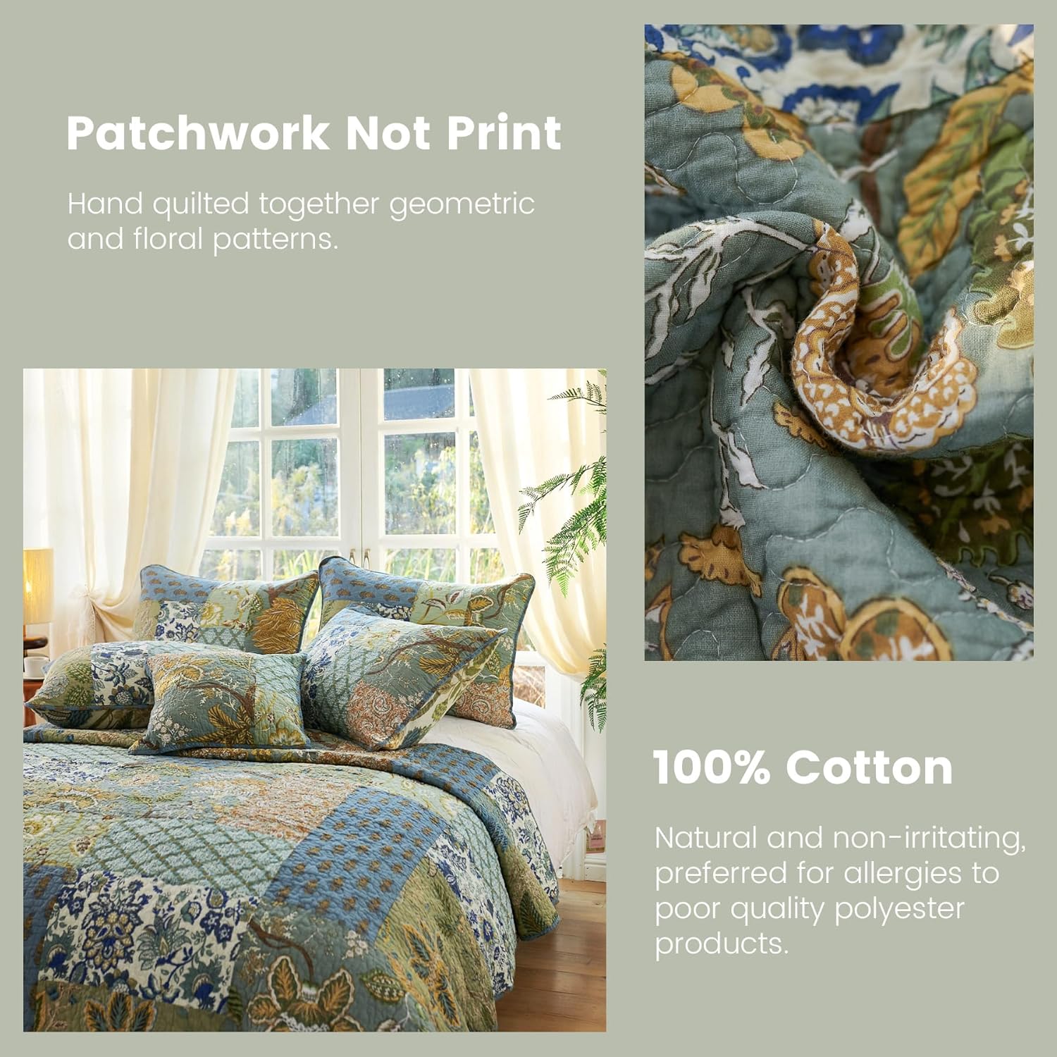 Secgo Queen Comforter Set for Bed - 100% Cotton Quilts Queen Size, Green, Sage Bedspreads (90 * 98 Inch) with 2 Pillow Shams, Patchwork Reversible Lightweight Bedding - Image 4