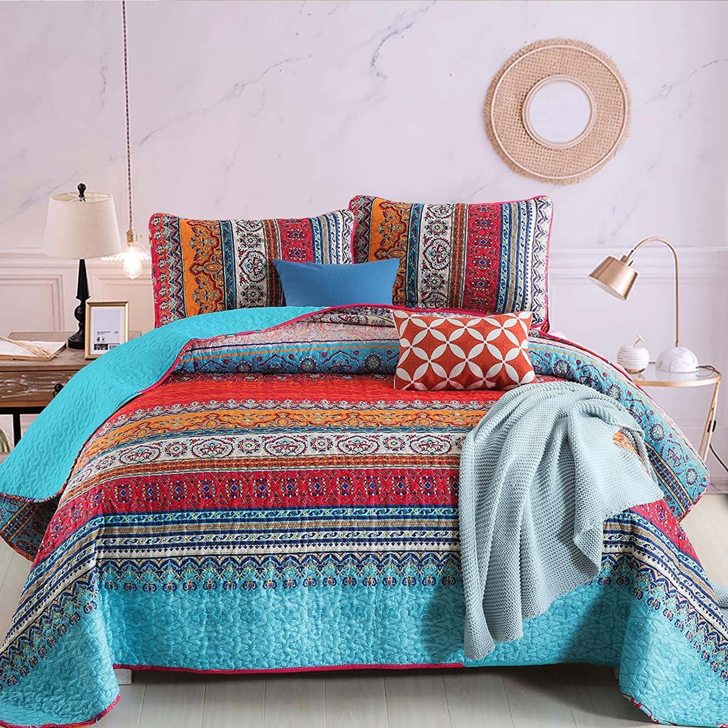 WONGS BEDDING Bohemian Quilt Set King Size, Boho Striped Printed Bedding Bedspread Coverlet Set for All Season, Lightweight Microfiber Quilts with 2 Pillowcases 104"x90" (3 Pieces, Colorful) - Image 16