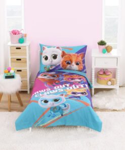 NoJo Disney Junior SuperKitties Purple, Pink, and Aqua, with Ginny, Sparks, Buddy, and Bitsy 4 Piece Toddler Bed Set - Comforter, Fitted Bottom Sheet, Flat Top Sheet, and Reversible Pillowcase