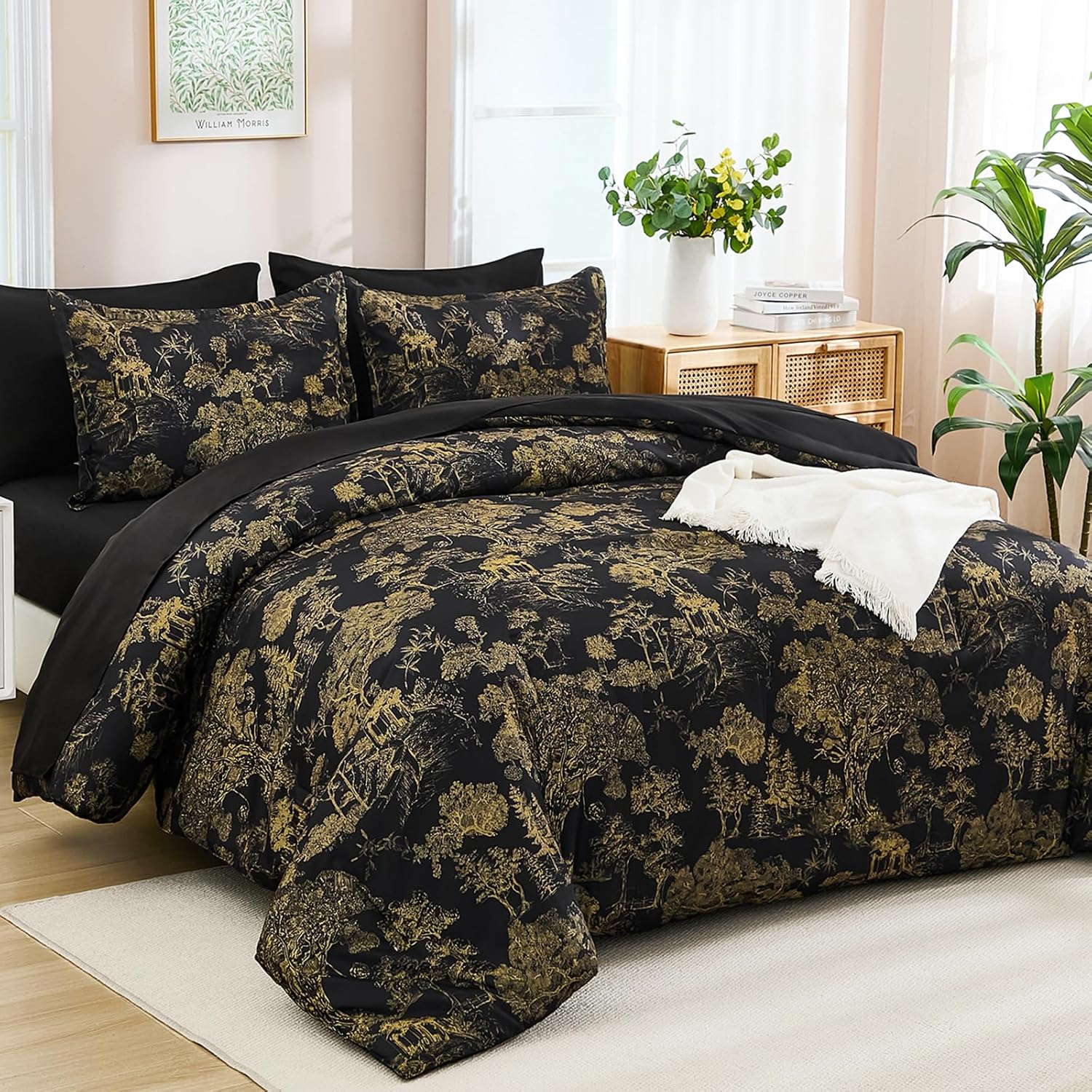 DJY Blue Comforter Set Queen, 7 Pieces Bed in a Bag Queen Size Botanical Comforters with Sheets Elegant Plants Print Soft Microfiber Reversible Complete Bedding Sets for All Season - Image 8