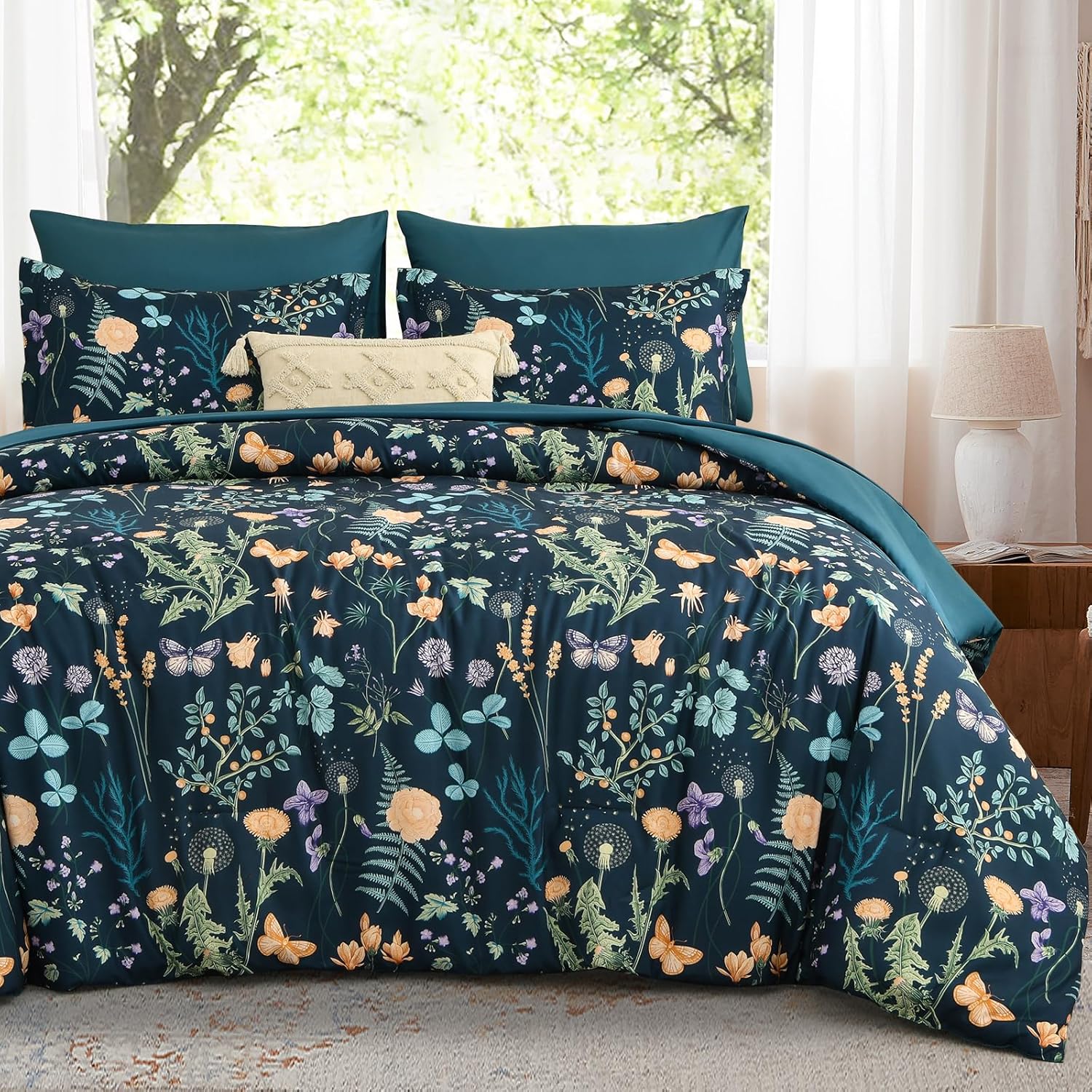 Yiran Queen Comforter Set 7 Piece, Dark Green Floral Bedding Set, Bed in a Bag Queen with Botanical Flowers Patterns, Soft Microfiber Complete Bedding Set with Sheets for All Season - Image 16