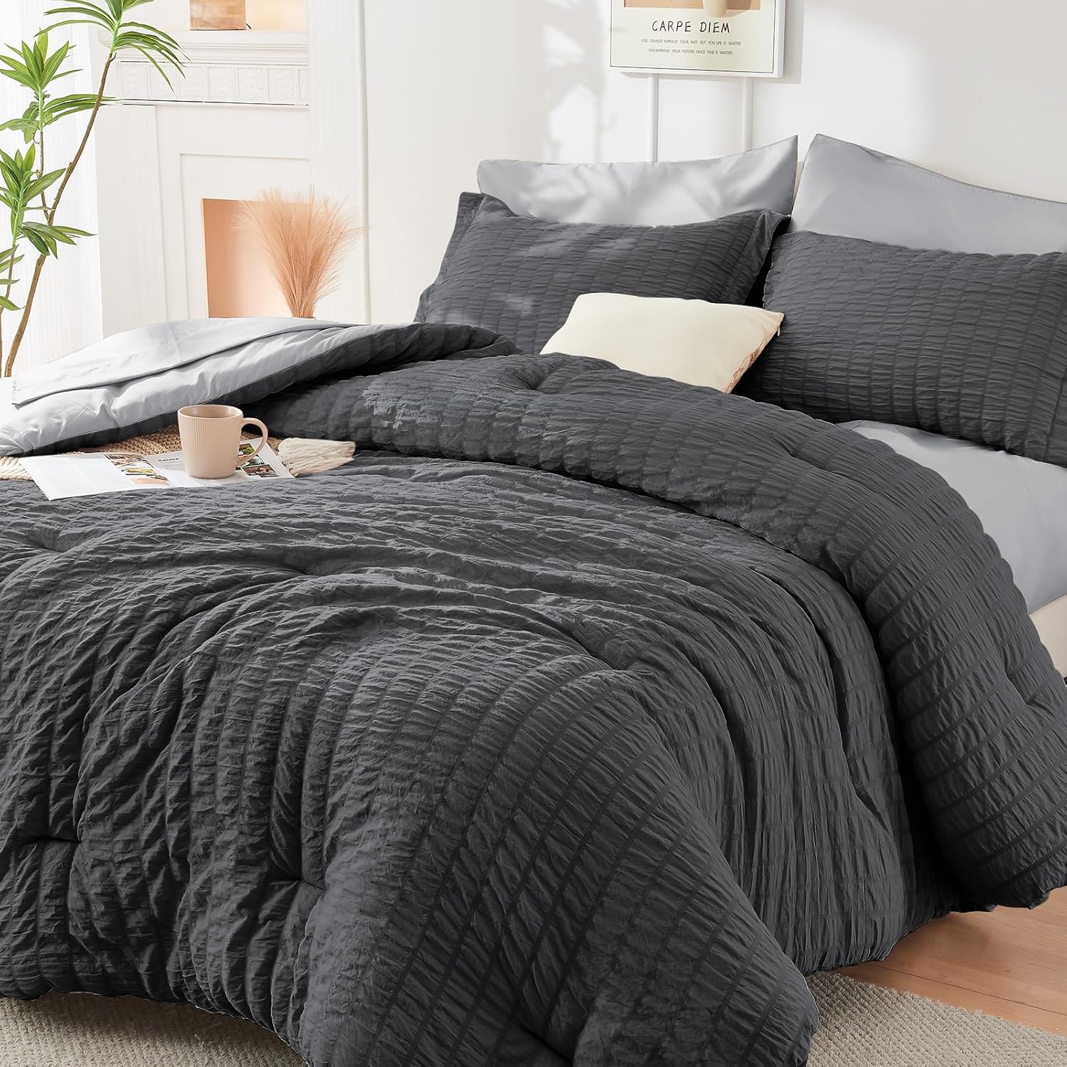 HYMOKEGE Queen Comforter Set Seersucker 7 Pieces, All Season Luxury Bed in a Bag for Bedroom, Bedding Set with Comforters, Sheets, Pillowcases & Shams, Dark Grey - Image 30