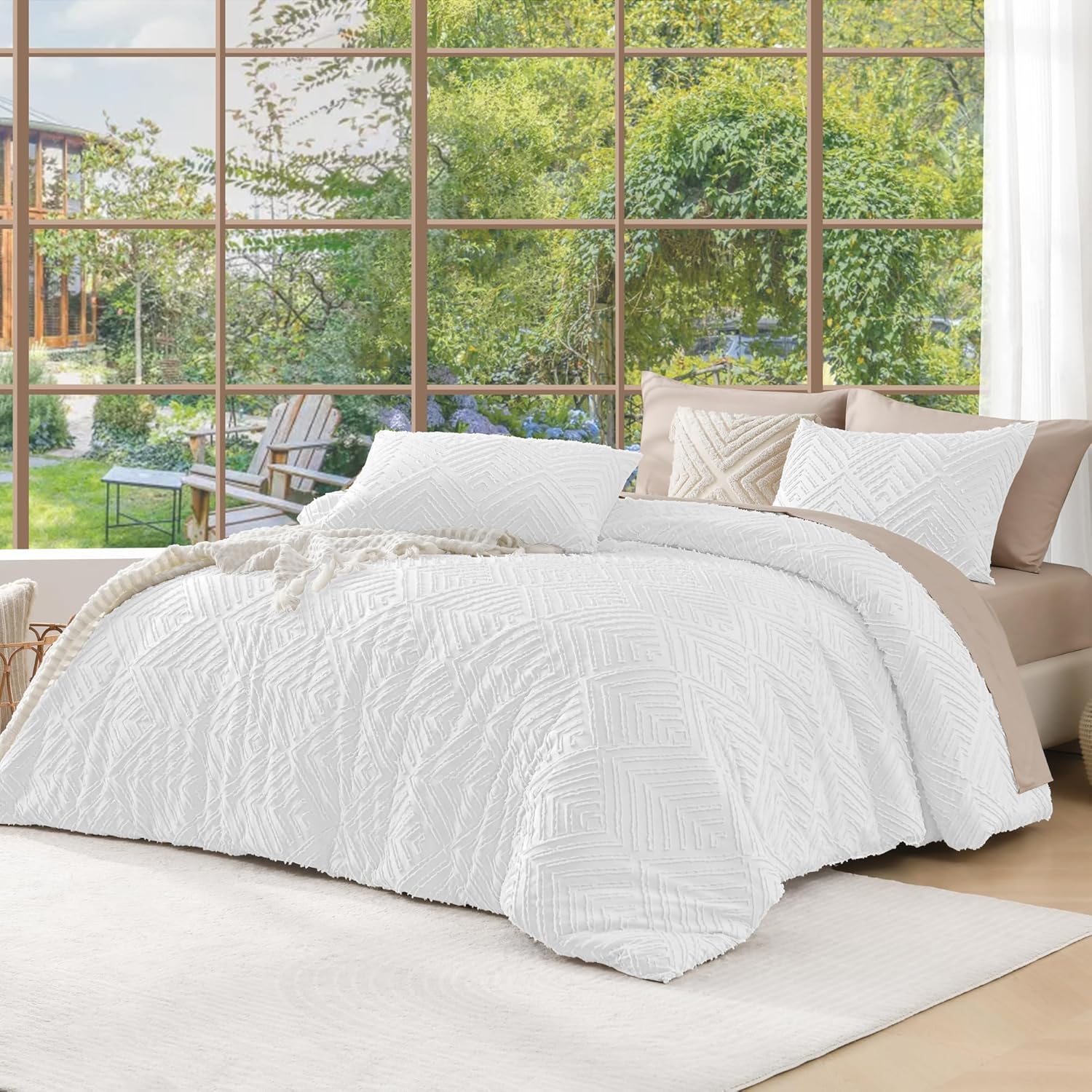 Andency King Size Comforter Set Beige, 3 Pieces Boho King Bedding Comforter Set Cream, All Season Soft Lightweight Tufted Textured Down Alternative Comforter Fluffy Bed Set - Image 7