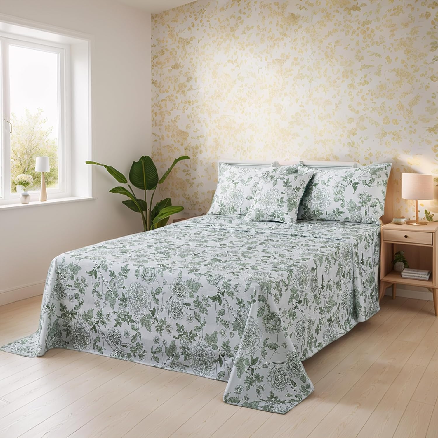 FADFAY Shabby Floral Bedding Elegant Peony Sheets Set Luxury Bedding Collections 100% Egyptian Cotton Deep Pocket, 4 Piece-King Size - Image 43