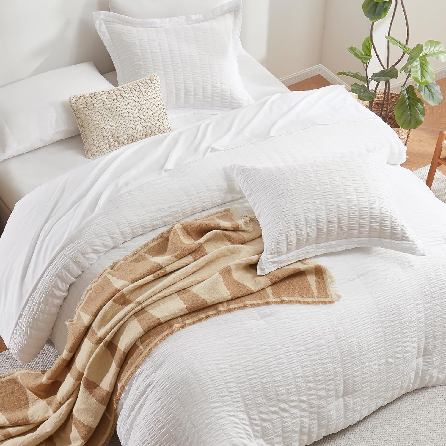 CozyLux Queen Comforter Set White Seersucker 7 Pieces Bed in a Bag Queen Comforter Set with Sheets, Luxury Soft Bedding Set with Down Alternative Comforter, Sheets, Pillowcases & Shams for All Seasons - Image 4