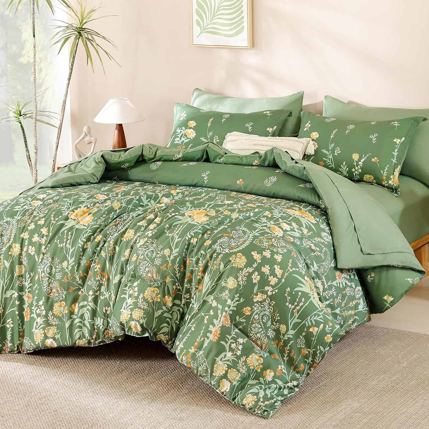 Yiran Purple Watercolour Floral Comforter Set Queen Size, 7 Piece Cute Botanical Lavender Comforter Bedding Set, Bed in a Bag Queen, Soft Microfiber Complete Bedding Set with Sheets for All Season - Image 15