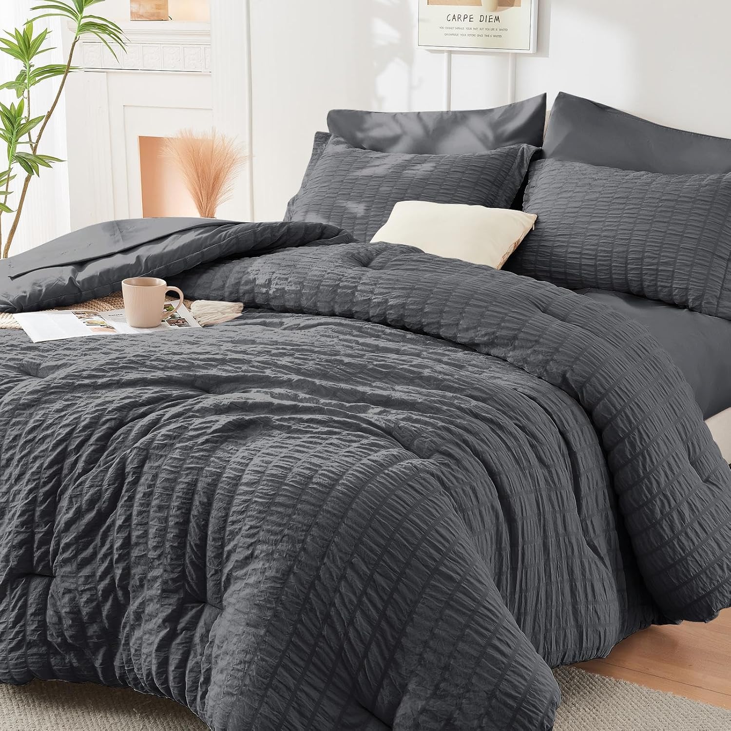 HYMOKEGE Queen Comforter Set Seersucker 7 Pieces, All Season Luxury Bed in a Bag for Bedroom, Bedding Set with Comforters, Sheets, Pillowcases & Shams, Dark Grey - Image 87