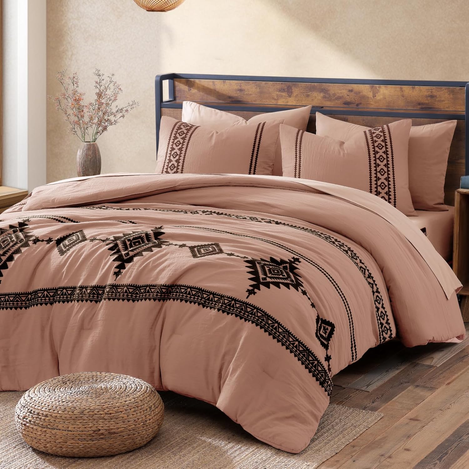 MaiRêve Burnt Orange Embroidery Comforters Set Queen Size - 7 Pieces, Farmhouse Western Bedding All Season, Bed in A Bag Queen Boho Comforter Set with Sheets, Pillowcases & Shams - Image 11