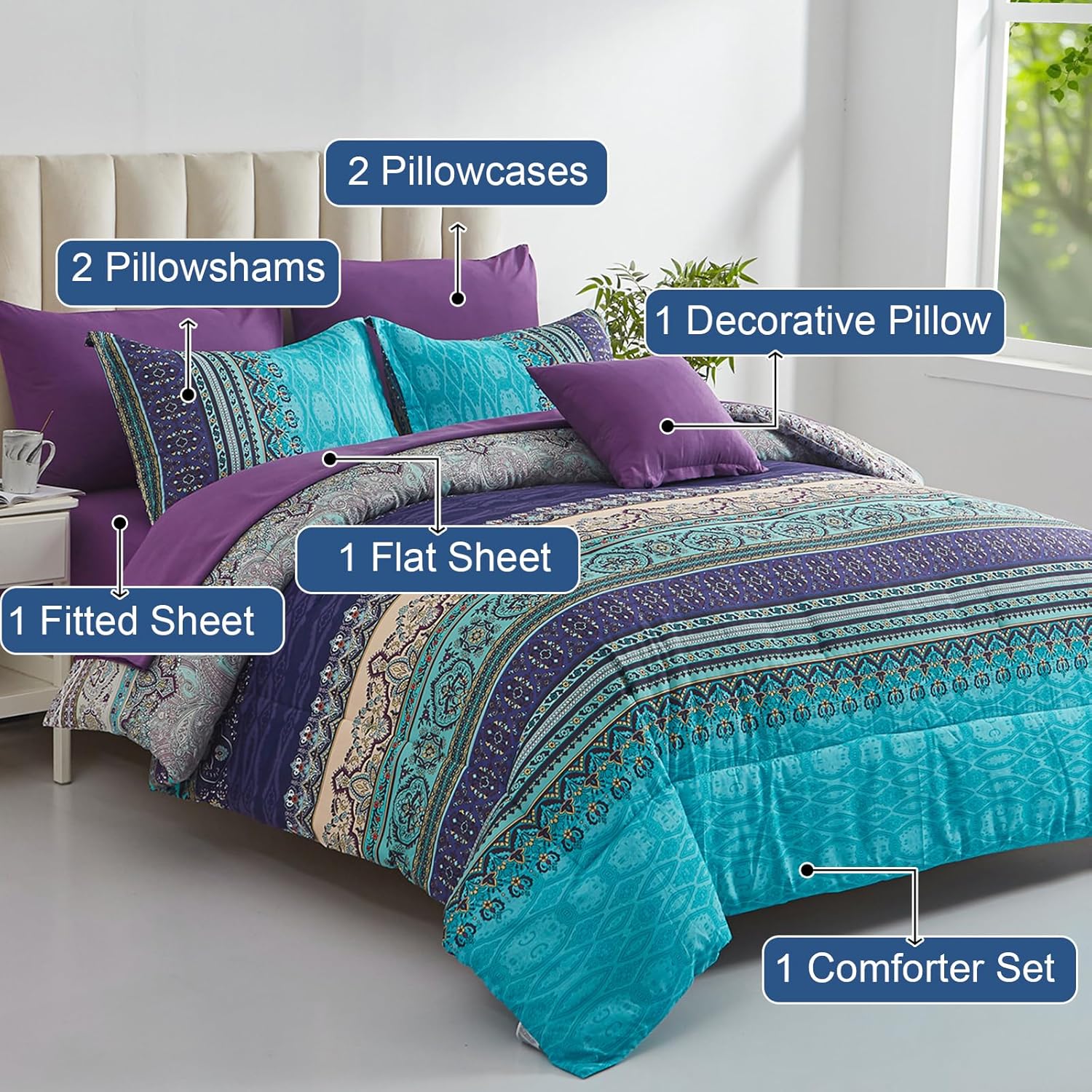 Cottolester Boho Comforter Set Full Size 8 Piece Bed in a Bag Bohemian Striped Bedding Quilt Set Aqua Paisley Floral Comforter and Sheet Set,Soft Microfiber Complete Bedding Sets for All Season - Image 2