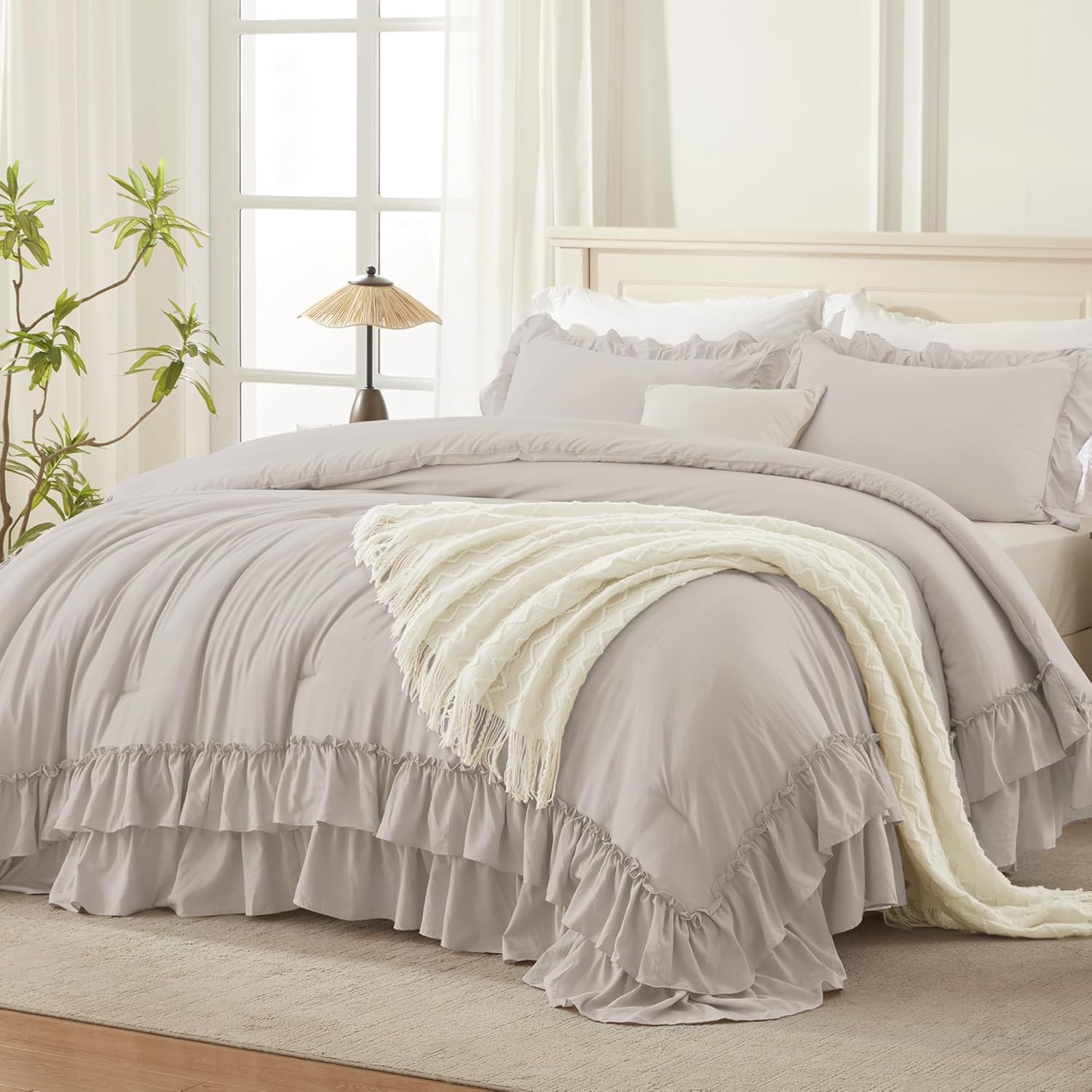 Andency Beige Full Size Comforter Set, 3 Pieces Farmhouse Shabby Chic Ruffle Comforter, Soft Lightweight Fluffy All Season Microfiber Bedding Comforter Set for Kids, Girls, Women - Image 18