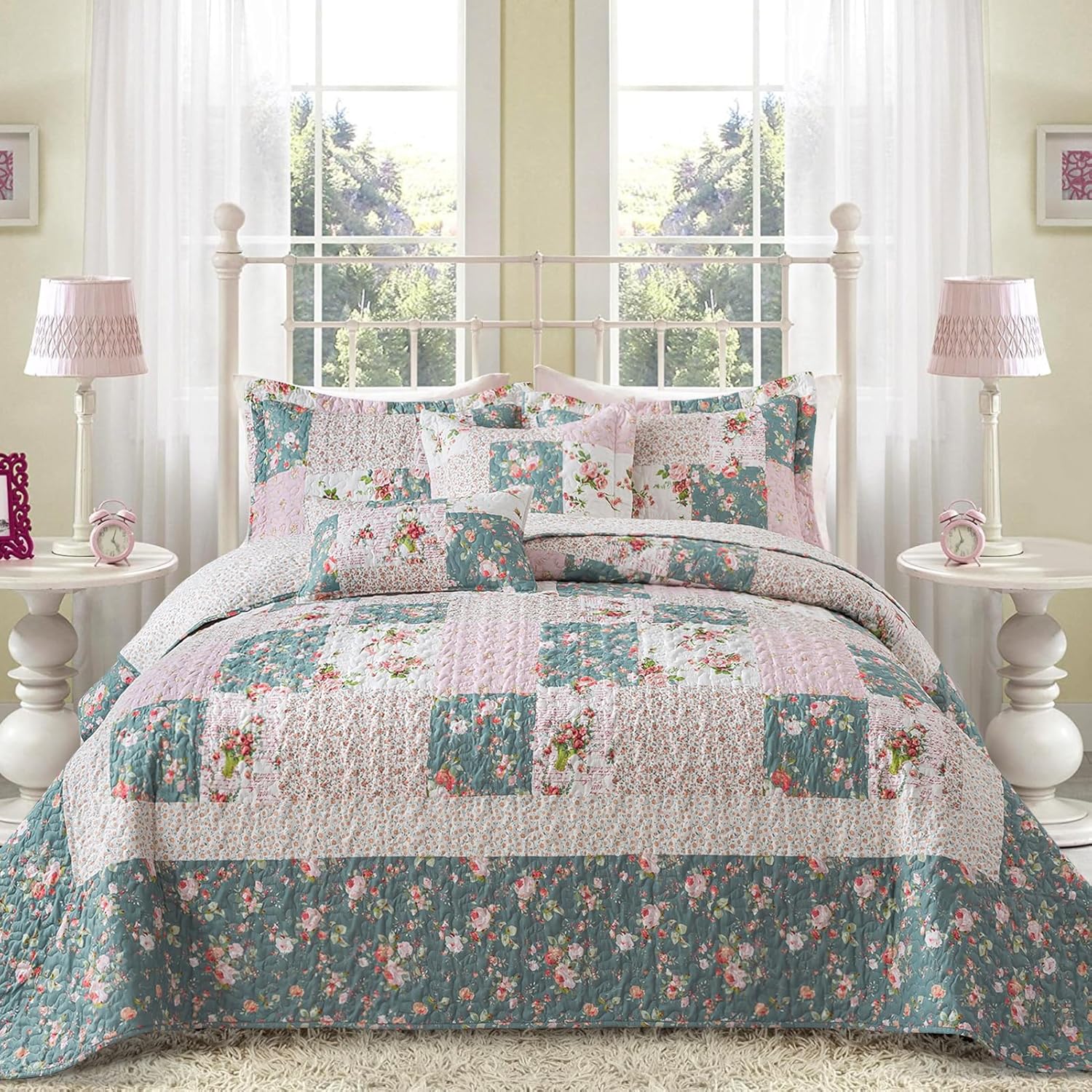 BEDIFANY Cotton King Size Quilt Sets, Lightweight King Quilt Bedding Set (98 x 106 inch) Garden Style Floral Bedspread King Size Coverlet Set for Bed Decorations - All Seasons, 3 Pieces - Image 18