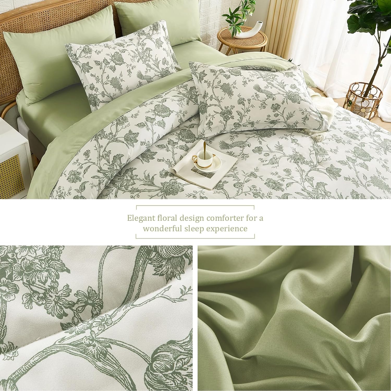 Luxudecor Floral Queen Comforter Set 7 Pieces Bed in a Bag, Sage Green Flower with Bird Bedding Set, Soft Reversible Comforter with Sheet Set 90"x90" - Image 6