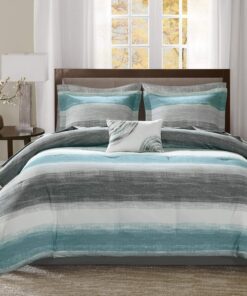 Madison Park Essentials Queen Comforter Set, Bed in a Bag Queen, Watercolor Print Coastal Comforter & Chambray Cotton Sheet Set, All Season Bedding Set, Saben, Aqua Queen (90 in x 90 in) 9 Piece