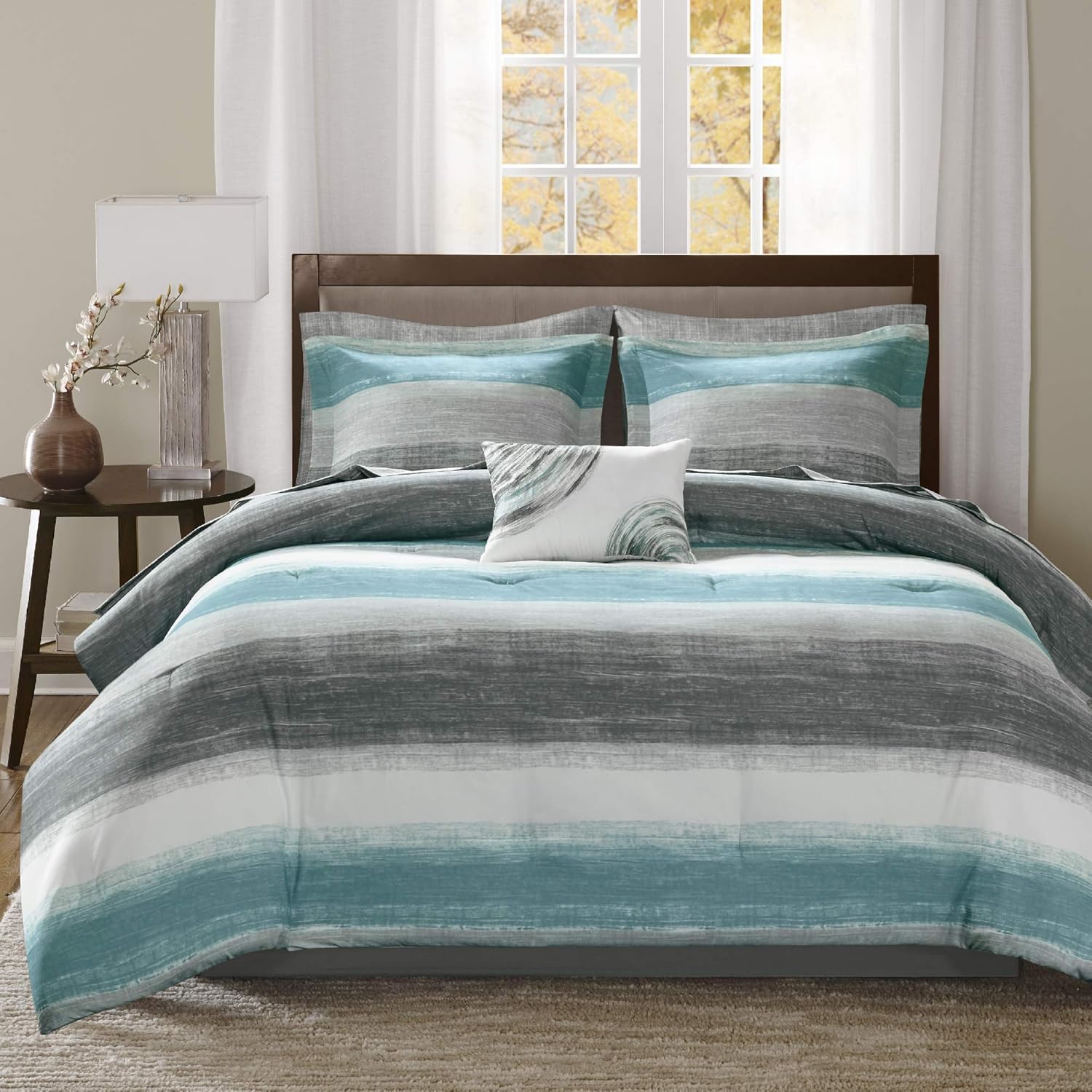 Madison Park Essentials Queen Comforter Set, Bed in a Bag Queen, Watercolor Print Coastal Comforter & Chambray Cotton Sheet Set, All Season Bedding Set, Saben, Aqua Queen (90 in x 90 in) 9 Piece