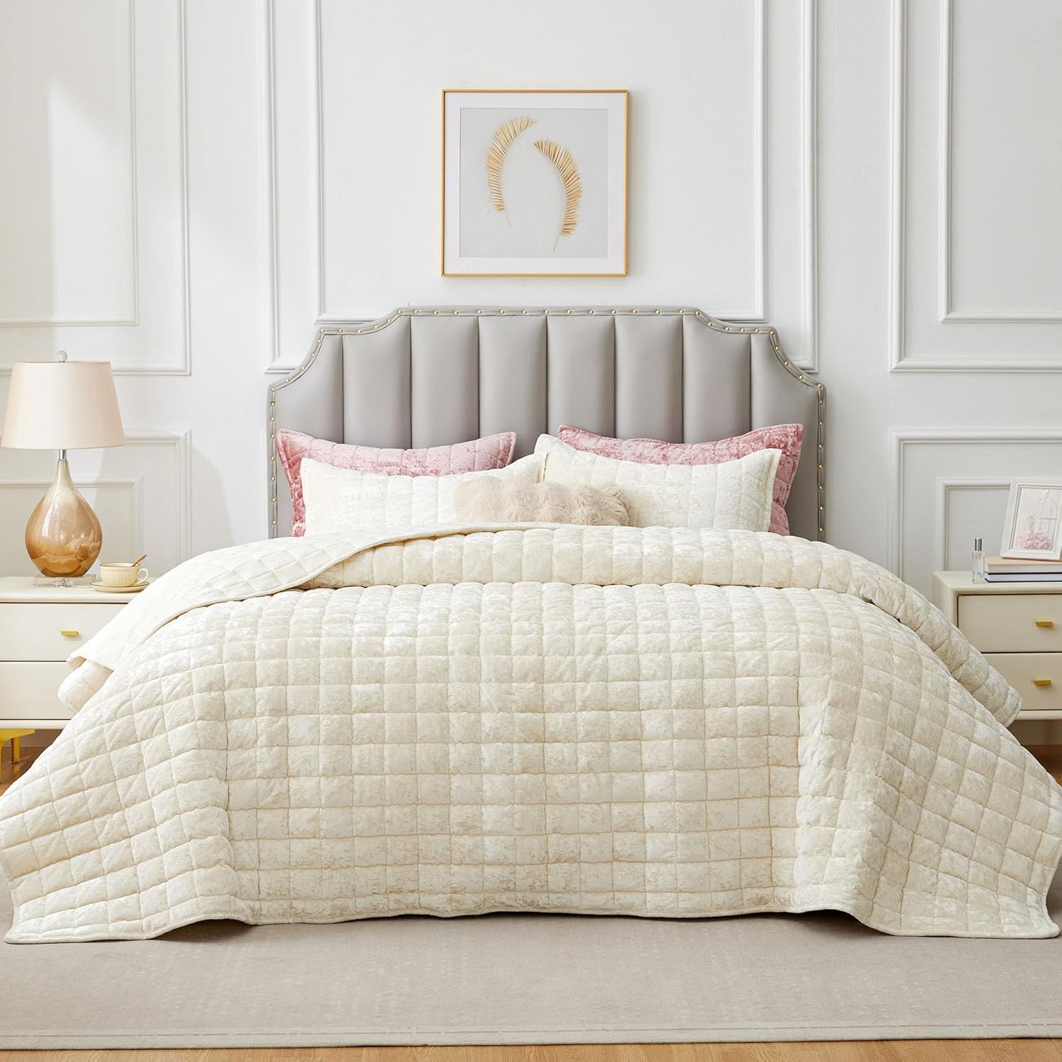 BEDELITE Velvet Quilt Set King Size - Luxury Velvet Comforter Bedding Set 3 Pieces, Soft Cozy Cream White Oversized Bedspread Coverlet for All Seasons with 2 Pillow Shams - Image 2