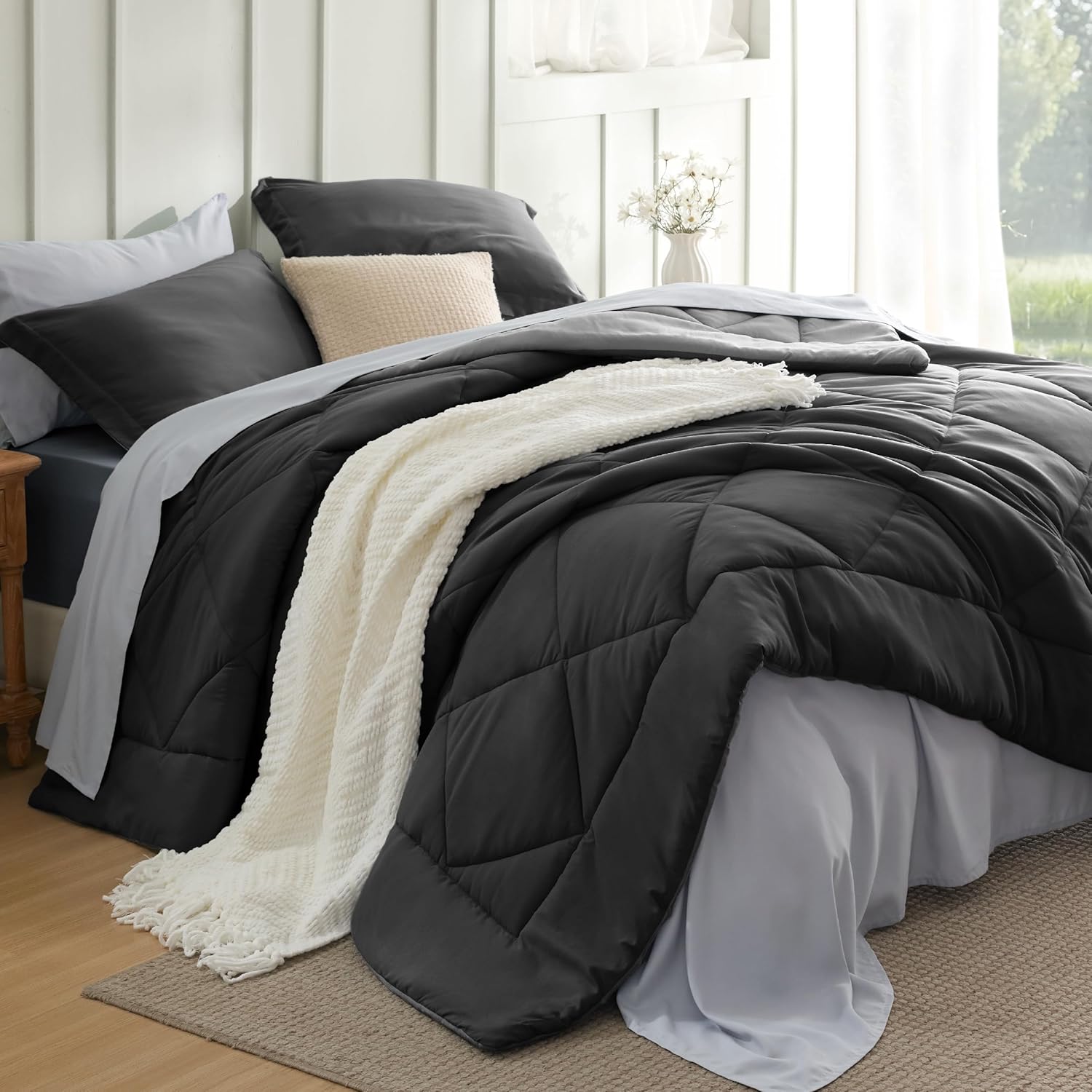 Bedsure Queen Comforter Set - 7 Pieces Reversible Grey Bedding, Queen Size Bed Set for All Seasons, Bed in a Bag with Down Alternative Comforter, Sheets, Pillowcases & Shams - Image 15