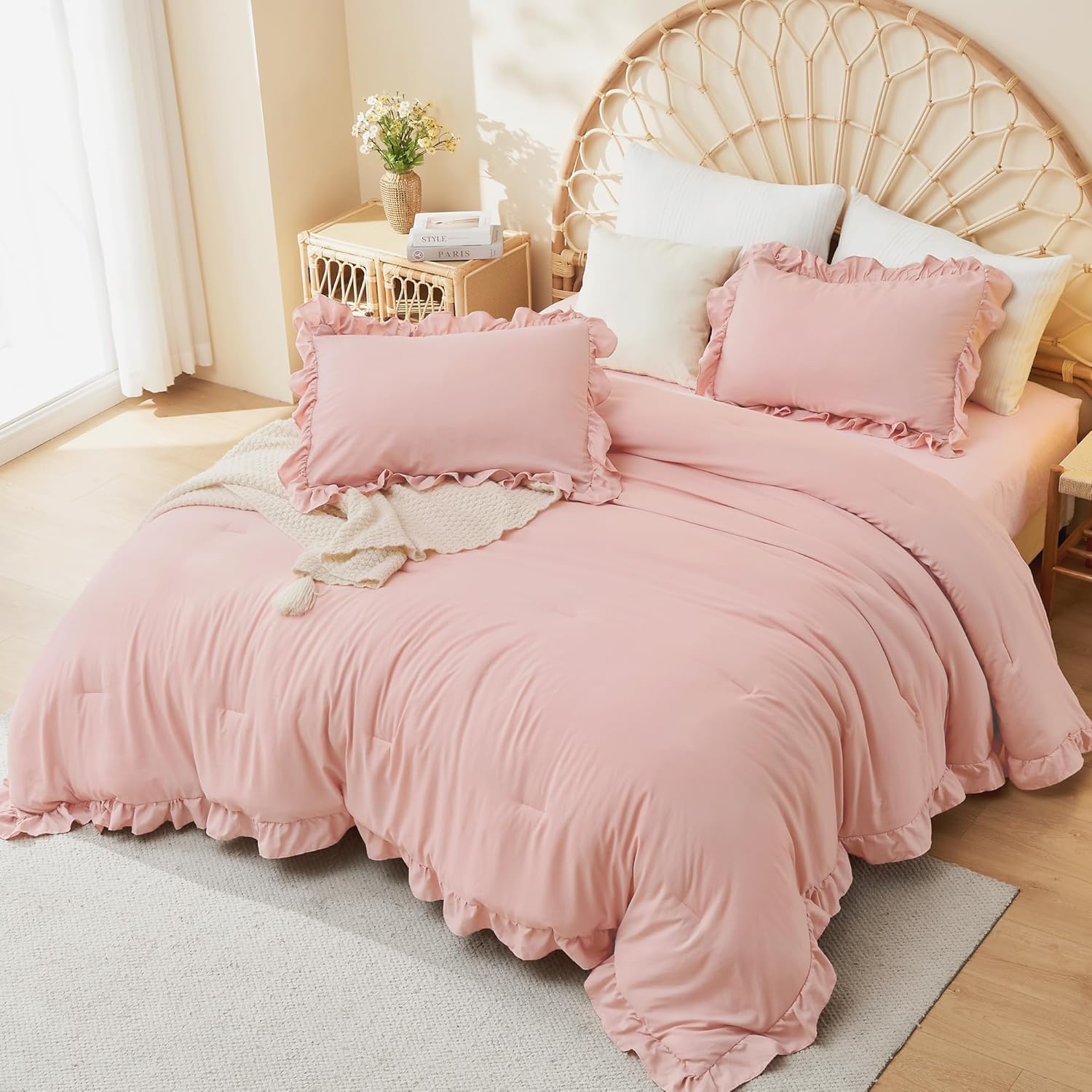 Litanika Full Size Comforter Sets, 3 Pieces Blush Pink Ruffle Girls Women Cute Bedding Comforters & Sets, Lightweight Fluffy Microfiber as Gift (79x90In Comforter & 2 Pillowcases) - Image 4