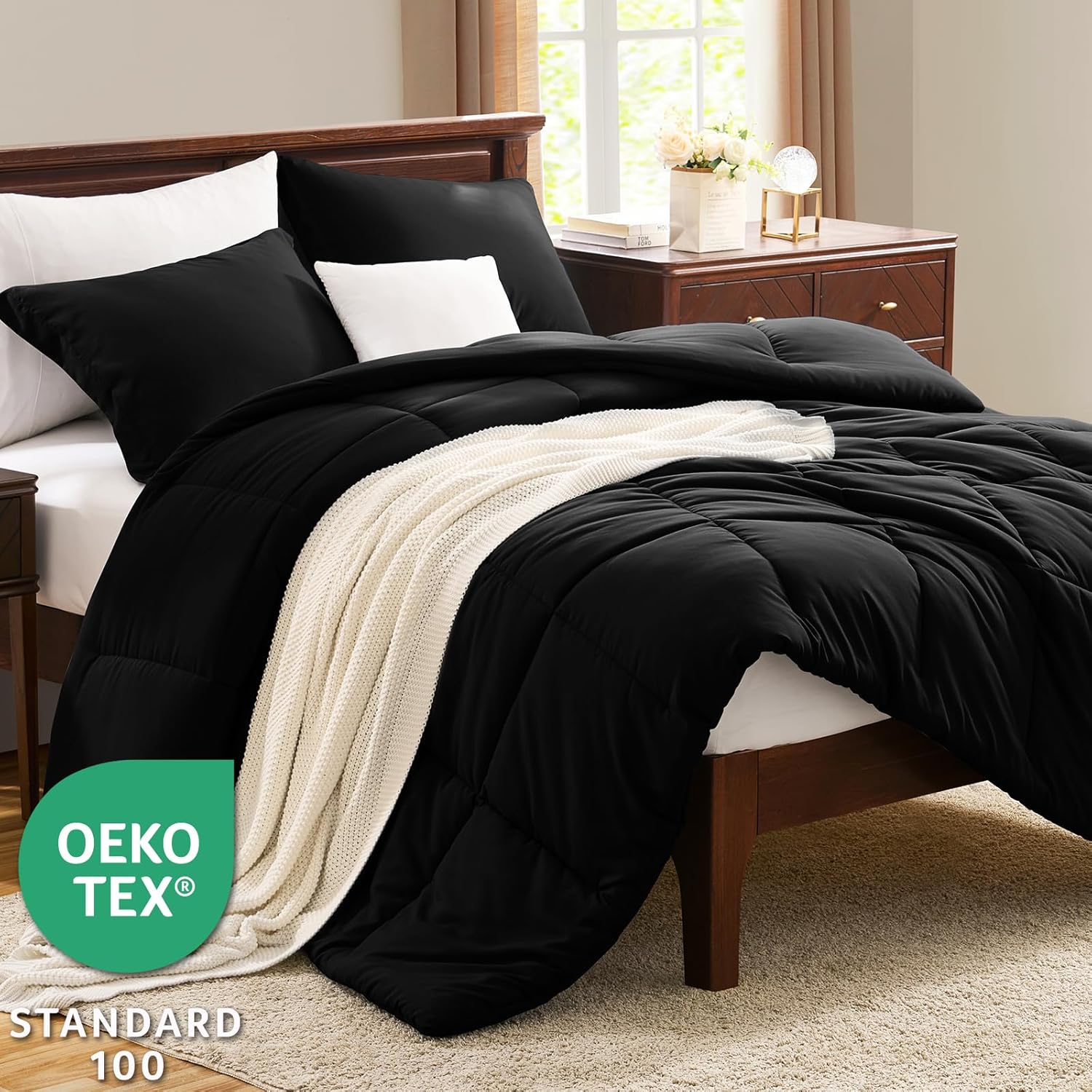 CozyLux King Size Comforter Set - Black Comforter King, 3 Pieces Box Stitched Bed Set for All Seasons, Soft Lightweight Bedding Sets with 1 Down Alternative Comforter and 2 Pillow Shams - Image 3