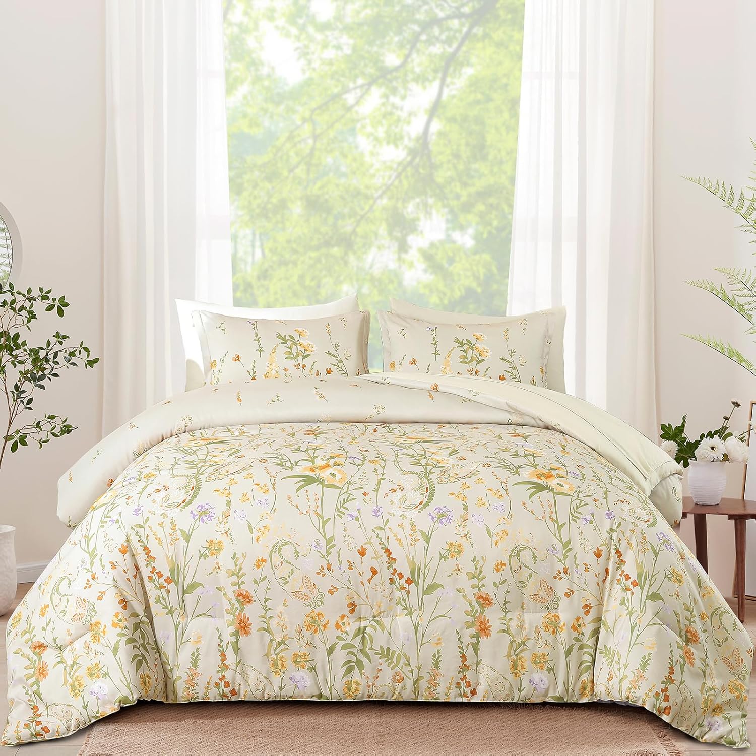 Yiran Purple Watercolour Floral Comforter Set Queen Size, 7 Piece Cute Botanical Lavender Comforter Bedding Set, Bed in a Bag Queen, Soft Microfiber Complete Bedding Set with Sheets for All Season - Image 7