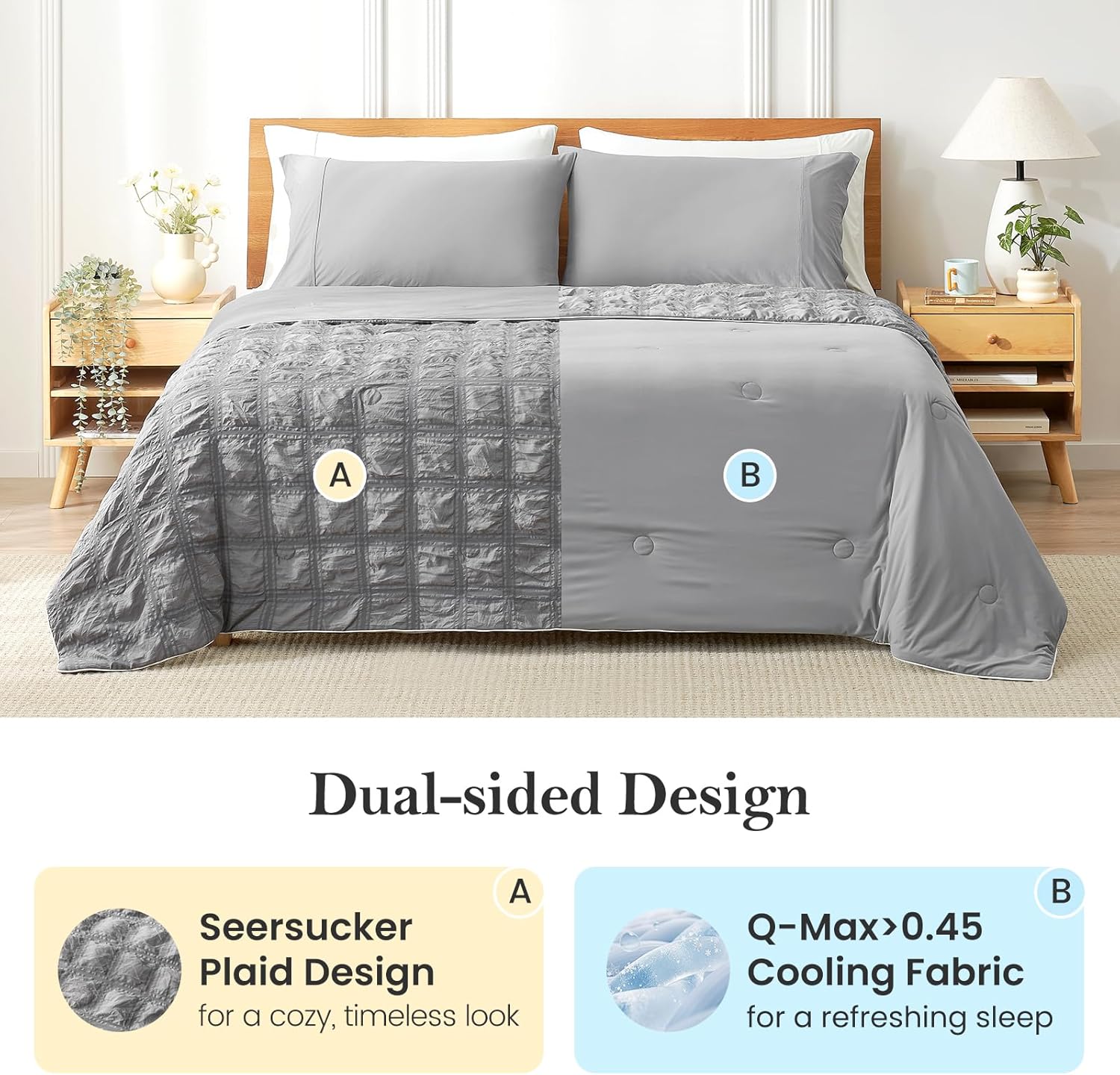 Cozy Bliss Cooling Comforter King Size Seersucker Plaid, Q-Max 0.4 Reversible Lightweight Cooling Blanket, Breathable Silk Smooth Summer Bedding Quilt for Hot Sleepers Night Sweats Dark Grey - Image 3