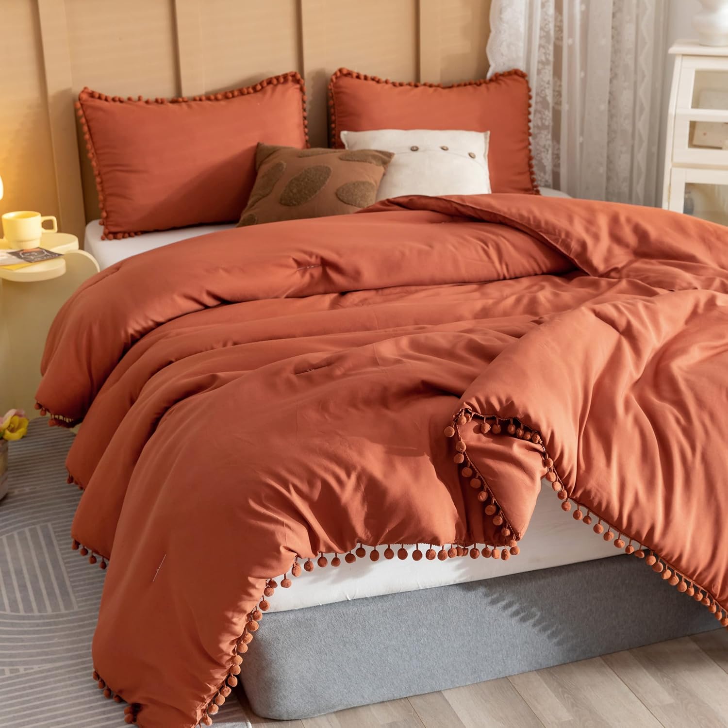 YIRDDEO Queen Comforter Set - Comforter Queen Size Sets with Ball Pom Fringe, Soft Bedding Set for All Seasons - 3 Pieces, 1 Comforter (90"x90") & 2 Pillow Shams (20"x26"), Blush - Image 17