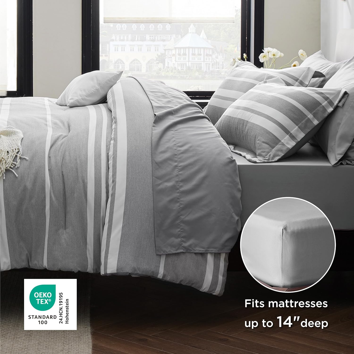 Bedsure Queen Comforter Set 7 Pieces, Grey Striped Bedding Set for All Seasons, Reversible, Cationic Dyeing Bed in a Bag with Comforter, Sheets, Pillowcases & Shams - Image 5