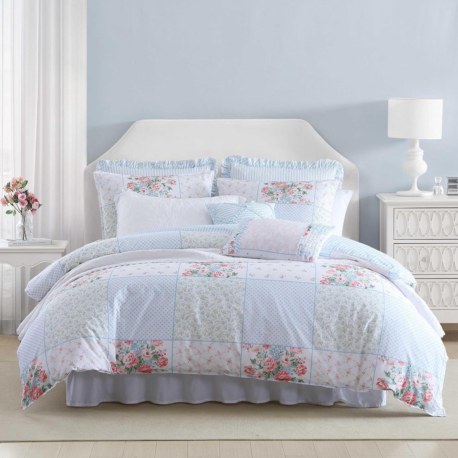 Laura Ashley - Queen Comforter Set, Soft Cotton Bedding with a Medium Weight for Year Round, 7 Piece Bed Set with Matching Pillowcases, Euro Shams & Bonus Throw Pillow Covers (Hope Patchwork Blue)