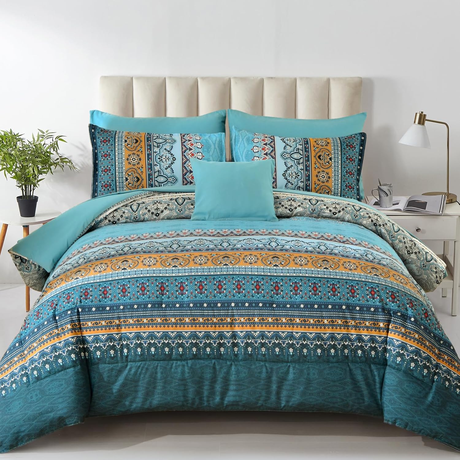 Cottolester Boho Comforter Set Full Size 8 Piece Bed in a Bag Bohemian Striped Bedding Quilt Set Aqua Paisley Floral Comforter and Sheet Set,Soft Microfiber Complete Bedding Sets for All Season - Image 18