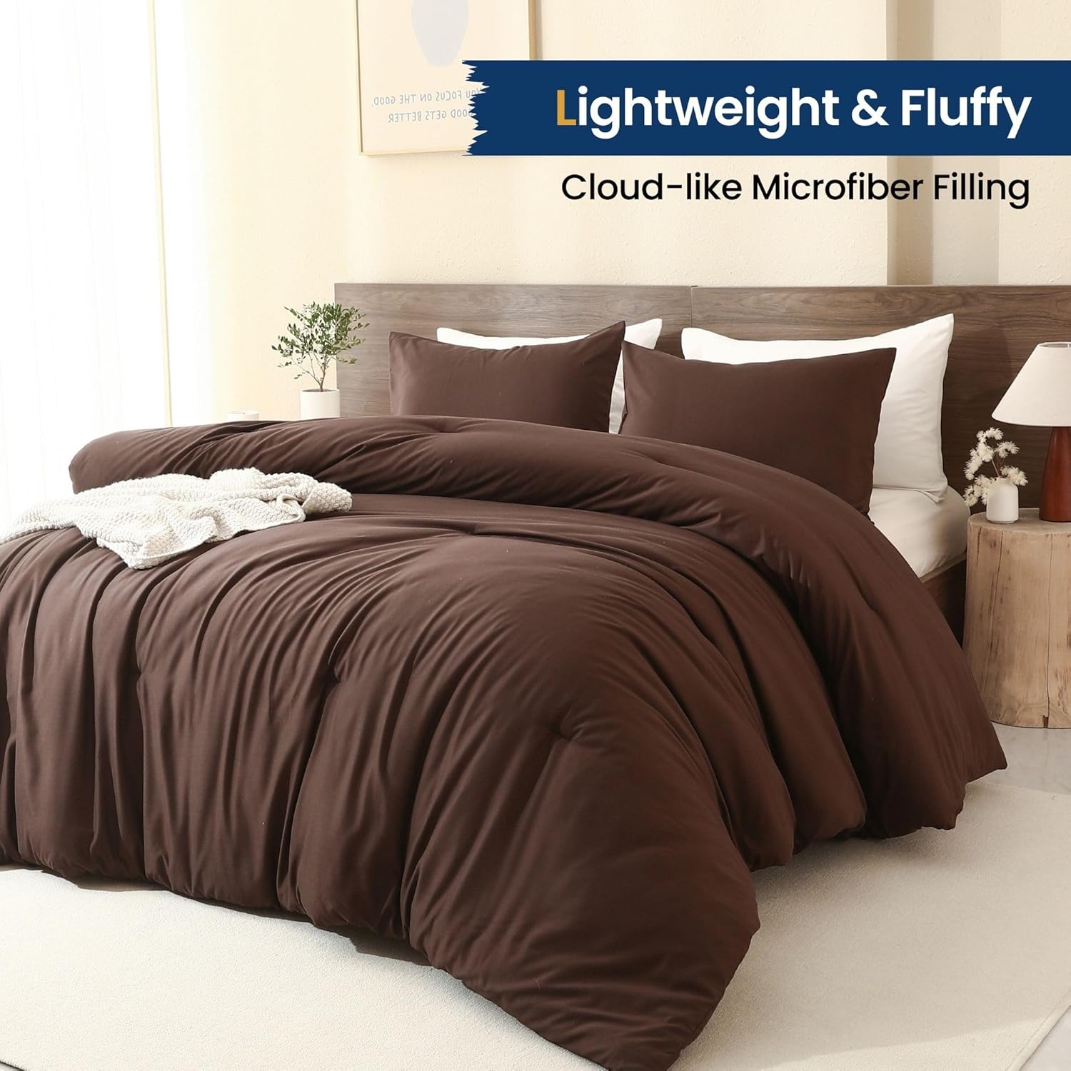 Paxrac Earthy Brown Comforter Queen Size, Neutral 3 Pieces Comforter Set, Lightweight Solid Bedding Set, All Seasons Soft Fluffy Queen Comforter Set (90x90In Comforter & 2 Pillowcases) - Image 3