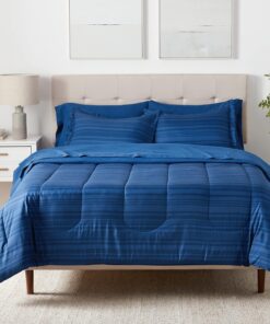 Amazon Basics Full/Queen Comforter Set with Sheets, 7-Piece Blue Calvin Striped Bedding, Lightweight Microfiber Bed-in-a-Bag