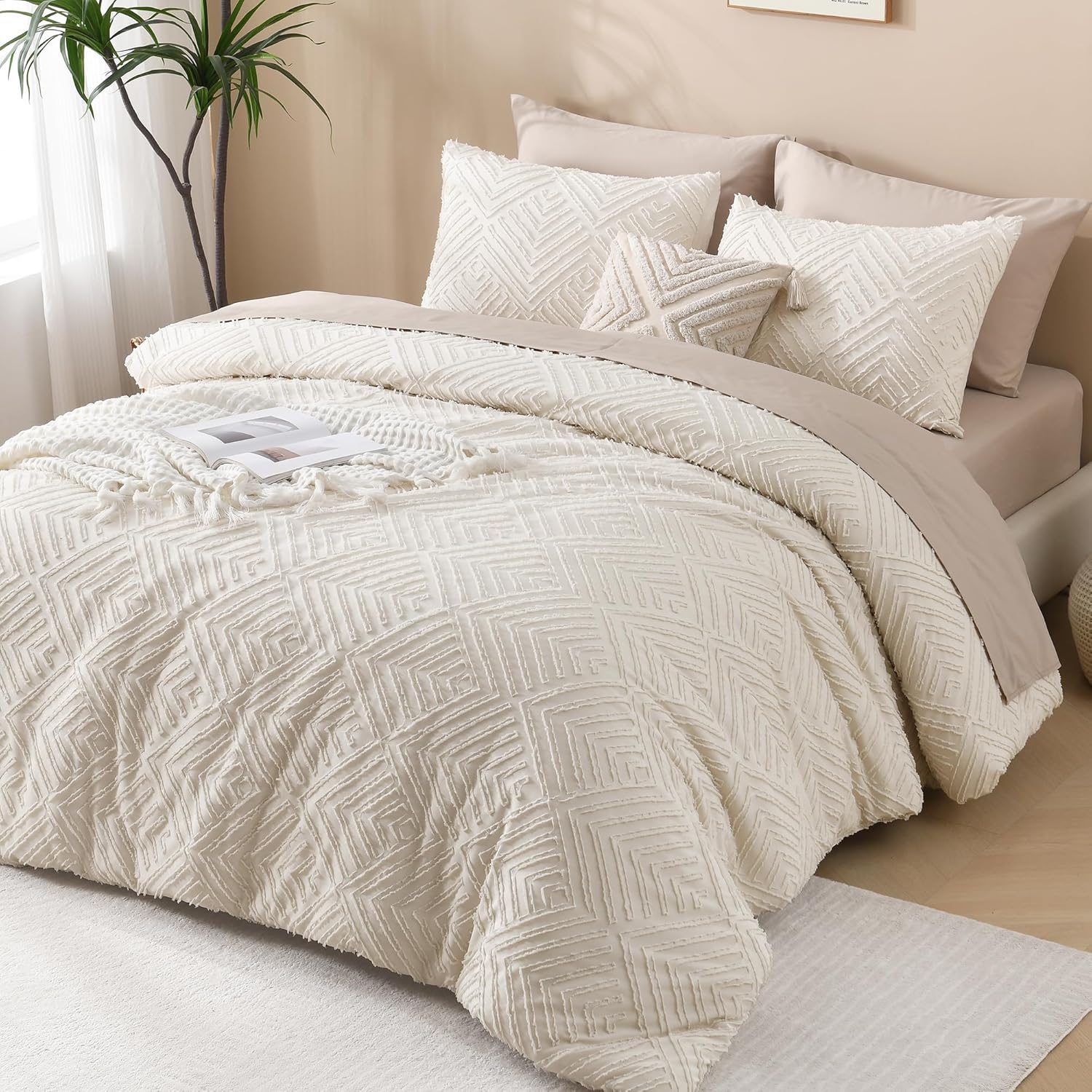 Andency King Size Comforter Set Beige, 3 Pieces Boho King Bedding Comforter Set Cream, All Season Soft Lightweight Tufted Textured Down Alternative Comforter Fluffy Bed Set - Image 6