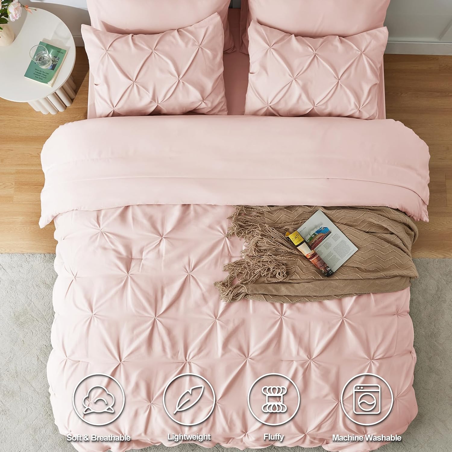 CozyLux Full Size Comforter Sets Blush Pink, 7 Pieces Pintuck Bed in A Bag Pink Comforter Full Size, Pinch Pleat Bedding Sets with All Season Comforter, Sheets, Pillowcases & Shams - Image 2