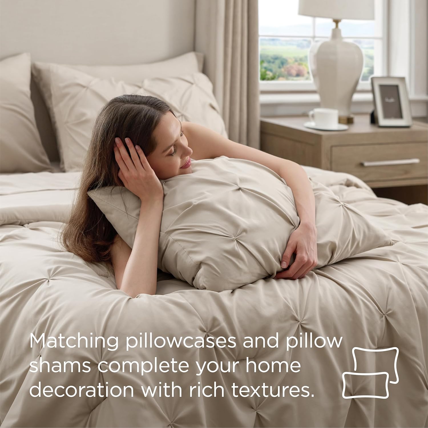 Bedsure Queen Comforter Set Beige - Bed in a Bag Queen Size Bedding 7 Pieces, GentleSoft™ Pintuck Bed Set Gift for Family, Pinch Pleat All Season Comforter with Sheets, Pillowcases & Shams - Image 6