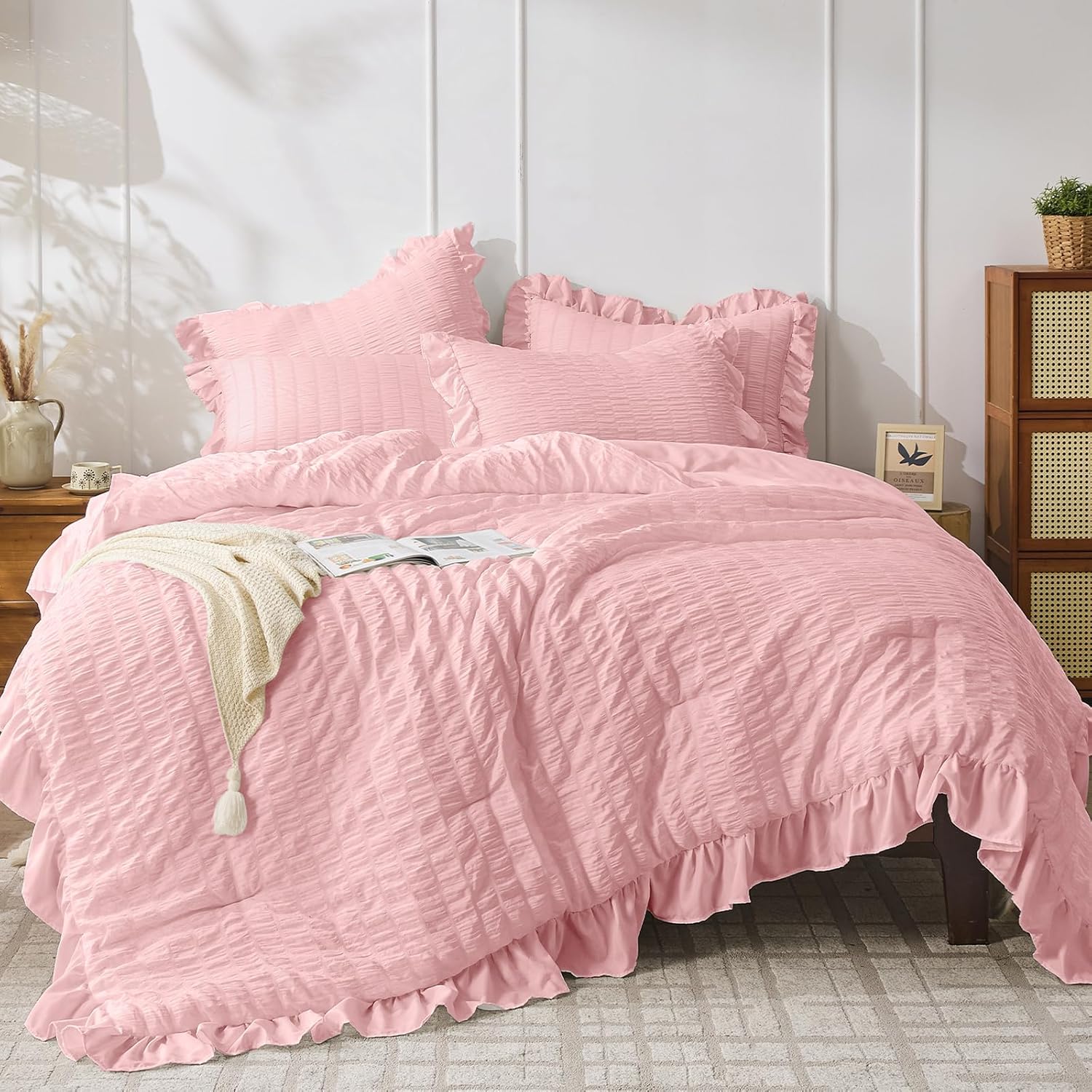 JOLLYVOGUE Queen Comforter Set, 3 Pieces White Seersucker Comforters Queen Size, Lightweight & Fluffy Bedding Sets Queen for All Season with 1 Ruffle Comforter and 2 Ruffle Pillowshams - Image 16