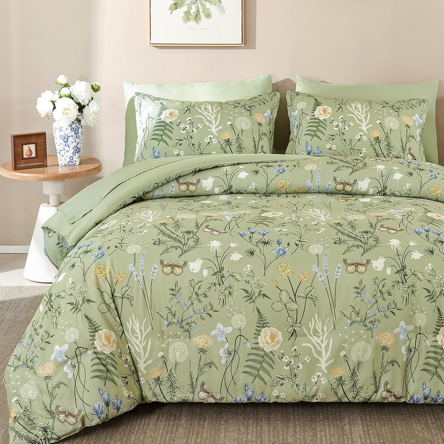 Yiran Queen Comforter Set 7 Piece, Dark Green Floral Bedding Set, Bed in a Bag Queen with Botanical Flowers Patterns, Soft Microfiber Complete Bedding Set with Sheets for All Season - Image 14