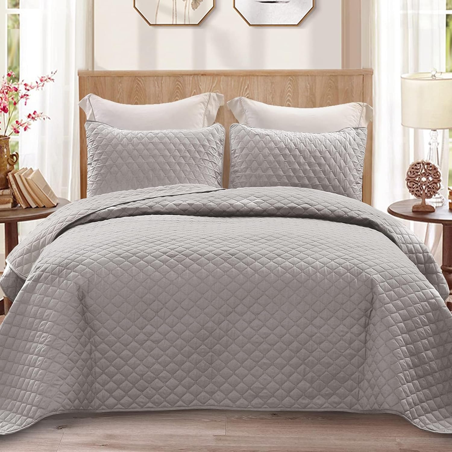 Exclusivo Mezcla Ultrasonic Reversible Full Queen Quilt Bedding Set with Pillow Shams, Lightweight Quilts Queen Size, Soft Bedspreads Bed Coverlets for All Seasons - (Grey, 90"x96") - Image 20