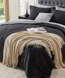 BEDELITE Queen Comforter Set 7 Pieces Bed in A Bag - Soft Microfiber Reversible Black Bed Set with Comforters, Sheets, Pillowcases & Shams, Cozy Luxury Bedding Sets for All Season