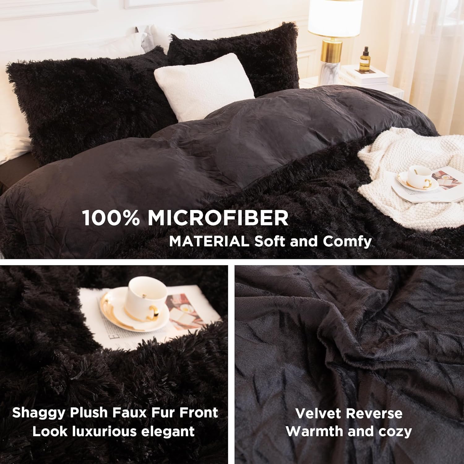 Andency Queen Comforter Set Black, Fluffy Winter Faux Fur Warm Soft Plush Bedding Comforter Set (1 Velvet Comforter & 2 Pillowcases), Fuzzy Thick Heavy Puffy Comforters Bed Set - Image 6