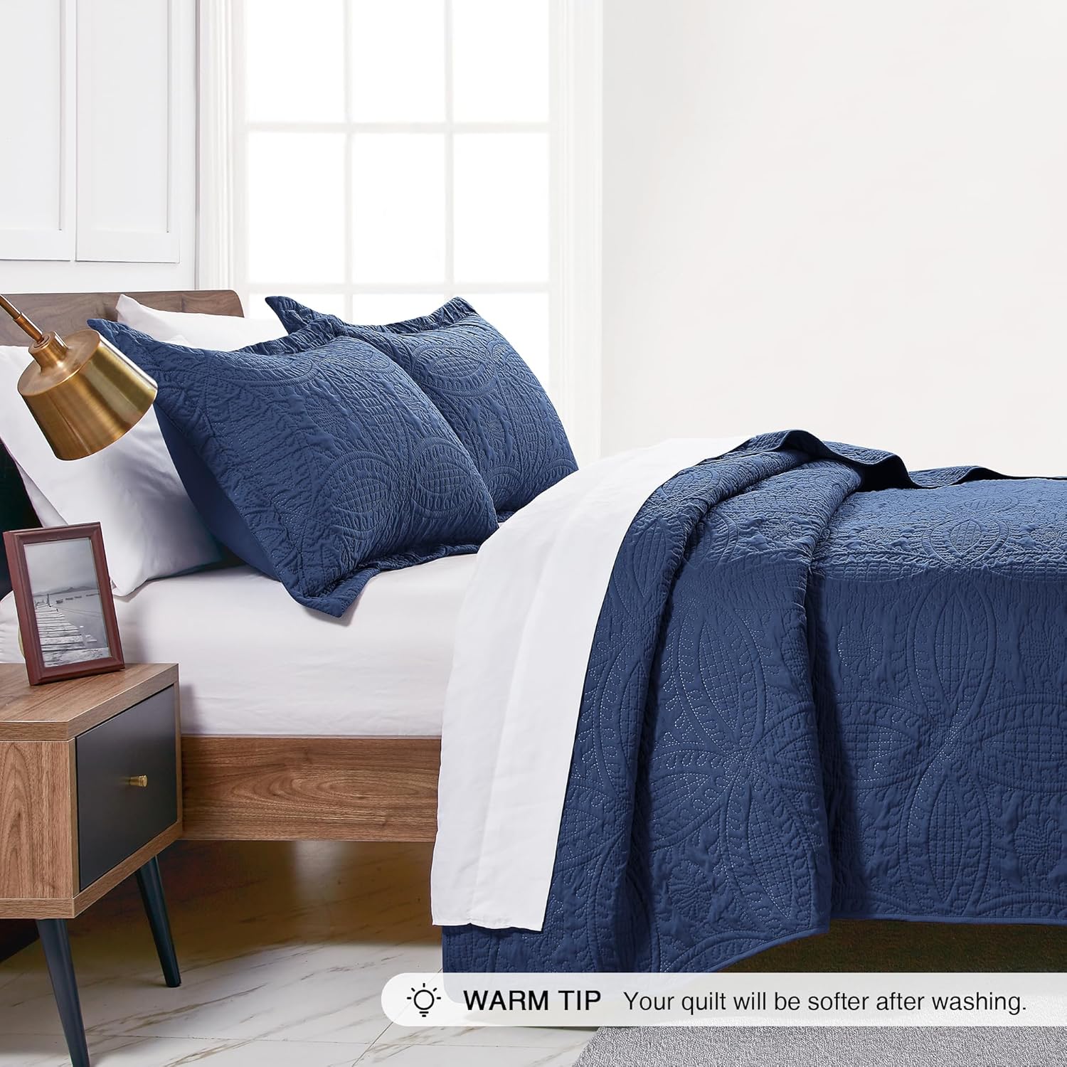 Love's cabin King Size Quilt Set Navy Blue Bedspreads - Soft Bed Summer Lightweight Bedspread Comforter - Modern Style Coin Pattern Coverlet for All Season - 3 Pieces (1 Quilt, 2 Pillow Shams) - Image 4